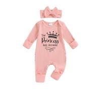 Qianderer Im New Here Newborn Outfit Baby Girl Fall Romper Letter Print Ribbed Long Sleeves Round Neck Full Length Jumpsuit with Headband (The Princess Has Arrived Pink, 0-3 Months)