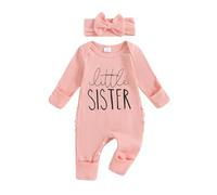 Qianderer Im New Here Newborn Outfit Baby Girl Fall Romper Letter Print Ribbed Long Sleeves Round Neck Full Length Jumpsuit with Headband (Sister Pink, 3-6 Months)