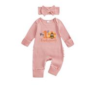 Qianderer Im New Here Newborn Outfit Girl Long Sleeve Letter Romper Ribbed Knit Jumpsuit Baby Girl Preemie Coming Home Outfit (First Thanksgiving Pink, 0-3 Months)