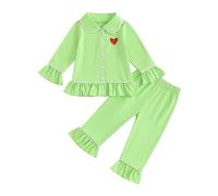 Qianderer Kids Baby Boy Girl Pajamas Set Long Sleeve Button Down Shirt Top Pants Sleepwear Nightwear Homewear Loungewear Set (Ba Ruffled Green, 3-4 Years)