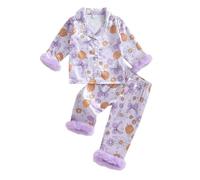 Qianderer Kids Toddler Girl Halloween Pajamas Fuzzy Trim Pumpkin Ghost Long Sleeve Button Down Shirt Top and Pants 2pcs Pjs Sets Sleepwear (Ba Floral Pumpkin Bow Purple, 3-4 Years)