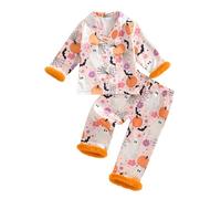Qianderer Kids Toddler Girl Halloween Pajamas Fuzzy Trim Pumpkin Ghost Long Sleeve Button Down Shirt Top and Pants 2pcs Pjs Sets Sleepwear (Bc Floral Pumpkin Ghost Pink, 12-18 Months)
