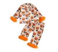 Qianderer Kids Toddler Girl Halloween Pajamas Fuzzy Trim Pumpkin Ghost Long Sleeve Button Down Shirt Top and Pants 2pcs Pjs Sets Sleepwear (Bd Pumpkin Bat Orange, 3-4 Years)