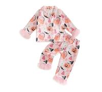 Qianderer Kids Toddler Girl Halloween Pajamas Fuzzy Trim Pumpkin Ghost Long Sleeve Button Down Shirt Top and Pants 2pcs Pjs Sets Sleepwear (Bd Pumpkin Bat Pink, 6-7 Years)