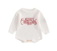 Qianderer My First Christmas Baby Christmas Sweater Romper Letter Embroidered Long Sleeve Oversized Bubble Romper Onesie Fall Winter Clothes (Ba White, 0-3 Months)