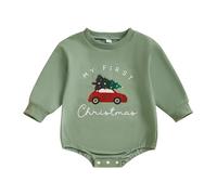 Qianderer My First Christmas Baby Girl Boy Outfit Sweatshirt Bubble Romper Sweater Onesie Long Sleeve Bodysuit Fall Clothes (Ba Army Green, 3-6 Months)
