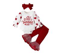 Qianderer My First Valentines Day Toddler Baby Girl Outfit Heart Print Long Sleeve Romper and Flare Pants Bow Headband Infant Clothes (Ba White, 0-3 Months)