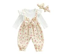 Qianderer Newborn Baby Girl Clothes Long Sleeve Romper Corduroy Floral Bow Onesie One Piece Jumpsuit with Headband Fall Winter Infant Outfits (Bb Khaki, 0-3 Months)