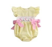 Qianderer Newborn Baby Girl Easter Outfit Smocked Romper Embroidery Peter Pan Collar Ruffle Sleeve Bubble Romper Bodysuit Summer Outfit (Bc Yellow, 3-6 Months)