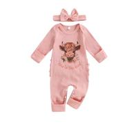 Qianderer Newborn Baby Girl Romper Western Clothes New to The Herd Onesie Highland Cow Print Long Sleeve Jumpsuit Fall Cowgirl Outfit (New to the Herd Pink, 0-3 Months)