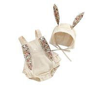 Qianderer Newborn Baby Girls Bunny Romper Sleeveless Bodysuit Jumpsuit with Rabbit Ears Tail and Cartoon Hat 2Pcs Clothes Set (Light Khaki, 6-12 Months)