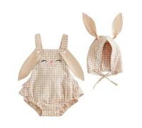 Qianderer Newborn Baby Girls Bunny Romper Sleeveless Bodysuit Jumpsuit with Rabbit Ears Tail and Cartoon Hat 2Pcs Clothes Set (Qa Khaki, 6-12 Months)