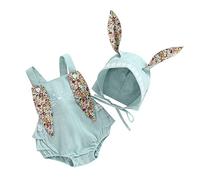 Qianderer Newborn Baby Girls Bunny Romper Sleeveless Bodysuit Jumpsuit with Rabbit Ears Tail and Cartoon Hat 2Pcs Clothes Set (Blue, 0-3 Months)