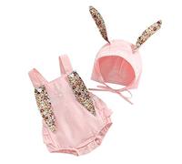 Qianderer Newborn Baby Girls Bunny Romper Sleeveless Bodysuit Jumpsuit with Rabbit Ears Tail and Cartoon Hat 2Pcs Clothes Set (Pink, 12-18 Months)
