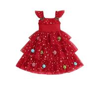 Qianderer Toddler Girl Christmas Dress Star Sequin Flying Sleeve A-line Layered Tulle Tutu Dress Pompom Embroidery Cake Smash Tree Dresses (Red 3, 3-4 Years)