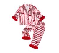 Qianderer Toddler Kids Baby Girl Christmas Satin Silk Pajamas Button Down 2 Piece Pajama Set Pjs Long Sleeve Shirts Tops and Pants Nightgown Outfit (Bl Red Bow, 3-4 Years)