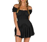 Qianderer Women Boho Romper Dress Off Shoulder Tie Back Flowy Swing Ruffle Dress with Shorts Layered Pirate Jumpsuit Playsuits (Bd Black Without Romper, XL)