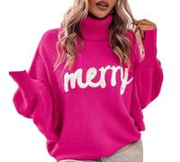 Qianderer Women Christmas Sweaters Turtleneck Long Sleeve Letter Print Loose Knitted Pullover Merry Casual Knit Tops (Ba Pink, XL)