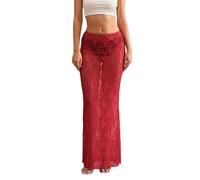 Qianderer Women Lace Long Skirt High Waist A-line Midi Skirt Y2K Summer Elegant Beach Party Maxi Skirts Streetwear (Ba Red, S)
