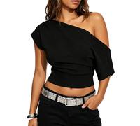 Qianderer Women One Shoulder Tops Summer Off The Shoulder Asymmetrical Ruched Slim Fit Shirts Cropped Short Sleeve Blouses Y2k Crop Top Tee Tshirts (Ba Black, S)