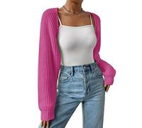Qianderer Women Open Front Ribbed Knit Crop Bolero Shrug Drop Shoulder Long Sleeve Solid Loose Fit Knitted Crop Cardigan (Pink, L)