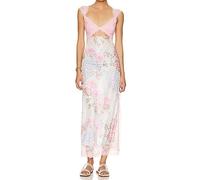 Qianderer Women Sleeveless Maxi Dress Backless Bodycon Floral Printed Spaghetti Strap Long Dress Summer Lace Cutout Dress (Pink White, L)