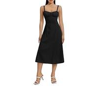 Qianderer Women Summer Casual A-line Dress Solid Color Sleeveless Backless Midi Dress Fashion Side Pockets Low-Cut Cami Dress