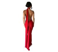 Qianderer Women Y2k Backless Dress Sleeveless Bodycon Halter Open Back Maxi Dress Going Out Elegant Party Cocktail Long Dress (A Red, L)
