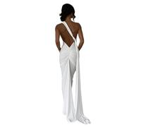 Qianderer Women Y2k Backless Dress Sleeveless Bodycon Halter Open Back Maxi Dress Going Out Elegant Party Cocktail Long Dress (A White, S)