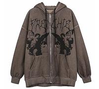 Qianderer Women Y2K Graphic Printed Oversized Sweatshirt Zip Up Long Sleeve Pullover Hoodies Vintage Aesthetic Jacket Coat Streetwear (Coffee, M)