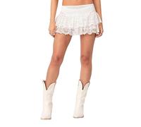 Qianderer Women Y2K Ruffle Mini Skirt Low Waist Asymmetrical Pleated Skater Skirt Floral Layered Lace Short Skirt Aesthetic Streetwear (Ca White, L)