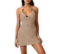 Qianderer Women's Crochet Knit Halter Mini Dress Sexy Sleeveless Backless Cutout Bodycon Dresses Summer Cover Up Beach Dress (Ba Khaki, L)