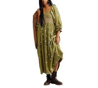 Qianderer Women's Flower Embroidered Maxi Dress Puff Sleeve Square Neck Swing Tiered Bohemian Flowy Dress Beach Long Dress (Ba Green, M)
