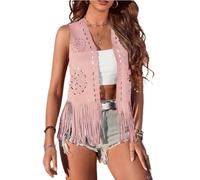 Qianderer Women's Fringe Vest 60s 70s Hippie Vest Sleeveless Cowgirl Western Faux Suede Tassel Leather Jacket Boho Waistcoat Vintage Hippie Outwear (Ba Pink, XL)