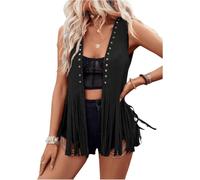 Qianderer Women's Fringe Vest 60s 70s Hippie Vest Sleeveless Cowgirl Western Faux Suede Tassel Leather Jacket Boho Waistcoat Vintage Hippie Outwear (Bb Black, XL)