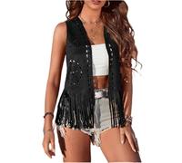Qianderer Women's Fringe Vest 60s 70s Hippie Vest Sleeveless Cowgirl Western Faux Suede Tassel Leather Jacket Boho Waistcoat Vintage Hippie Outwear (Ba Black, 2XL)