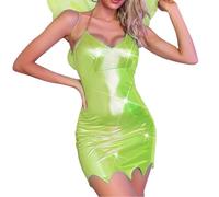 Qianderer Womens Green Mini Sequin Dress Tinker Costume Bell Dress Forest Fairy Cosplay Dress Halloween Fancy Dress with Wings (Ea Green, S)