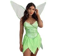 Qianderer Womens Green Mini Sequin Dress Tinker Costume Bell Dress Forest Fairy Cosplay Dress Halloween Fancy Dress with Wings (Ba Green, XL)