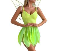 Qianderer Womens Green Mini Sequin Dress Tinker Costume Bell Dress Forest Fairy Cosplay Dress Halloween Fancy Dress with Wings (Ca Green, S)