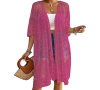 Qianderer Women's Lace Kimonos Bikini Cover-Up Summer Beach Coverup Swimsuit 3/4 Sleeves Open Front Sheer Mesh Crochet Kimono Cardigan (Ba Rose Red, One Size)