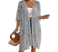 Qianderer Women's Lace Kimonos Bikini Cover-Up Summer Beach Coverup Swimsuit 3/4 Sleeves Open Front Sheer Mesh Crochet Kimono Cardigan (Ba Gray, One Size)