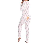 Qianderer Women's Long One Piece Pajamas Butt Button Back Flap Sexy V Neck Jumpsuit Romper Bodycon Bodysuit Sleepwear (Bb White Bow Pink, XL)