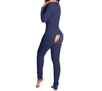 Qianderer Women's Long One Piece Pajamas Butt Button Back Flap Sexy V Neck Jumpsuit Romper Bodycon Bodysuit Sleepwear (Bb Navy, XL)