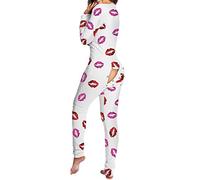 Qianderer Women's Long One Piece Pajamas Butt Button Back Flap Sexy V Neck Jumpsuit Romper Bodycon Bodysuit Sleepwear (Bb White Lip, S)