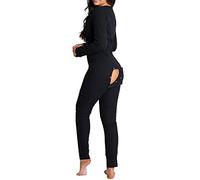 Qianderer Women's Long One Piece Pajamas Butt Button Back Flap Sexy V Neck Jumpsuit Romper Bodycon Bodysuit Sleepwear (Bb Black, XL)