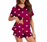 Qianderer Womens Pajamas Set Graphic Print Short Sleeve Button Down 2 Piece Silk Pjs Shorts Set Loungewear Sets Sleepwear (Bc Fuchsia, S)