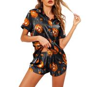 Qianderer Womens Pajamas Set Graphic Print Short Sleeve Button Down 2 Piece Silk Pjs Shorts Set Loungewear Sets Sleepwear (Bc Black Pumpkin, M)
