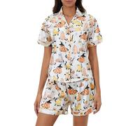 Qianderer Womens Pajamas Set Graphic Print Short Sleeve Button Down 2 Piece Silk Pjs Shorts Set Loungewear Sets Sleepwear (Bb Khaki, S)