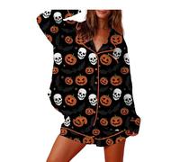 Qianderer Womens Pajamas Set Graphic Print Short Sleeve Button Down 2 Piece Silk Pjs Shorts Set Loungewear Sets Sleepwear (Ca Black, XL)