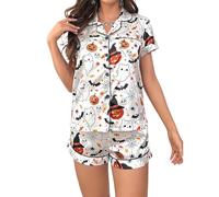 Qianderer Womens Pajamas Set Graphic Print Short Sleeve Button Down 2 Piece Silk Pjs Shorts Set Loungewear Sets Sleepwear (Ba White, L)